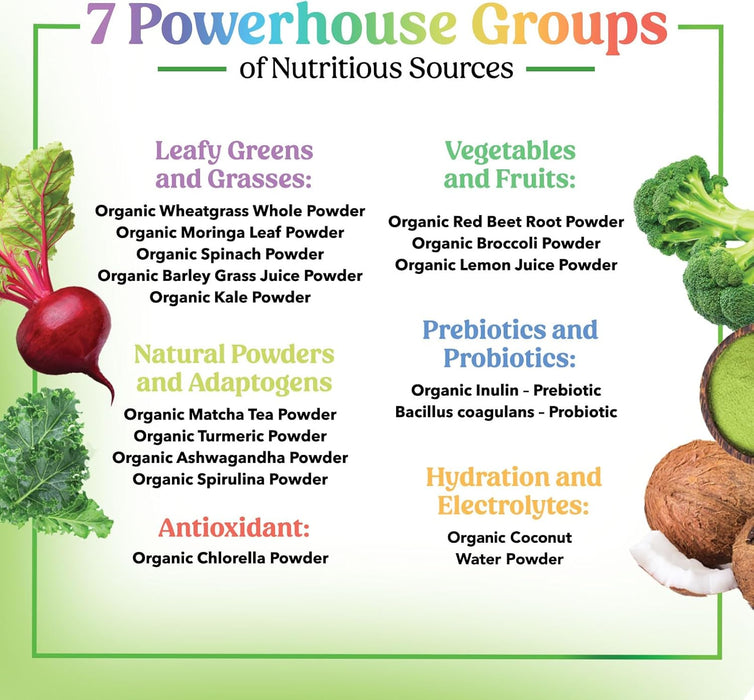 Organic Super Greens Powder Superfood - Original Organic Greens Superfood Smoothie Mix Powder, Antioxidants & Probiotics, Spirulina, Chlorella, Whole Foods, Digestive & Gut Health Support, 28 Servings