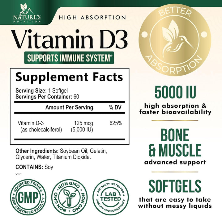Vitamin D3 5000 IU (125 mcg) - High Potency Vitamin D-3 Supplement (2 Month Supply) for Bone, Teeth, Muscle and Immune Health Support - Dietary Supplement, Gluten Free, Non-GMO - 60 Softgels