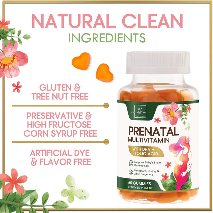 Hello Lovely! Prenatal Gummy Vitamins w/Folic Acid & DHA, Womens Prenatal Multivitamin, Choline, Vitamins B6, B12, C, D3 & Folate for Pregnancy Support Supplement, Non-GMO Gluten Free