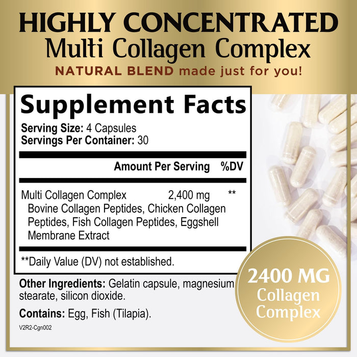 Multi Collagen Peptides for Women â€“ 2400mg Best Hydrolyzed Collagen Complex with 5 Types (I, II, III, V, X) - Grass Fed - Hair, Skin, Nail, Bone & Joint Support for Beauty & Wellness â€“ 120 Capsules