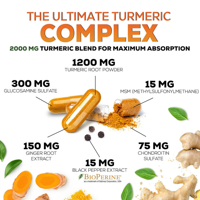 Turmeric Curcumin Supplement 2000mg with Glucosamine Chondroitin & Ginger, 95% Curcuminoids, BioPerine Black Pepper for Best Absorption, Nature's Joint Support, Non-GMO, Bottled in USA - 60 Capsules