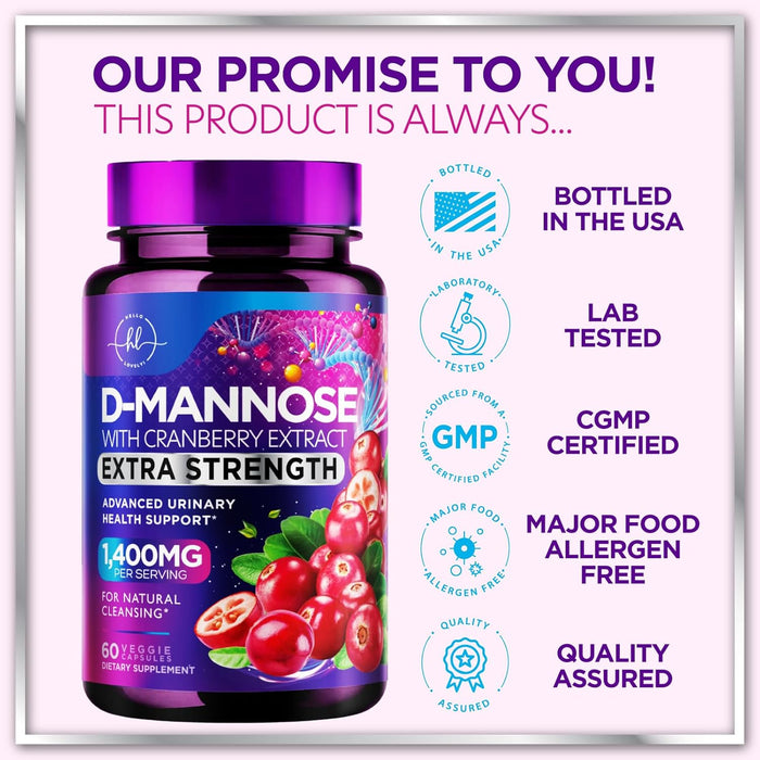 Organic D Mannose 1300mg per Serving Supplements - Extra Strength D-Mannose Capsules with Cranberry - for Natural Gentle Cleansing & Urinary Tract Health Support - Bottled in USA - 60 Capsules