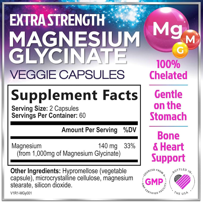 Magnesium Supplement for Women & Men - 140mg Total Magnesium from 1000mg Magnesium Glycinate to Support Muscle, Nerve, Bone & Heart Health - Natural, Vegan, High Absorption & Chelated