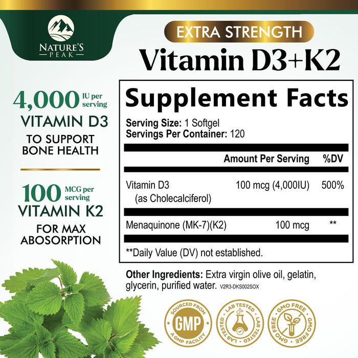 Vitamin D3 + K2 (MK-7) – 5000 IU D3 + 100mcg K2 – 120 Count