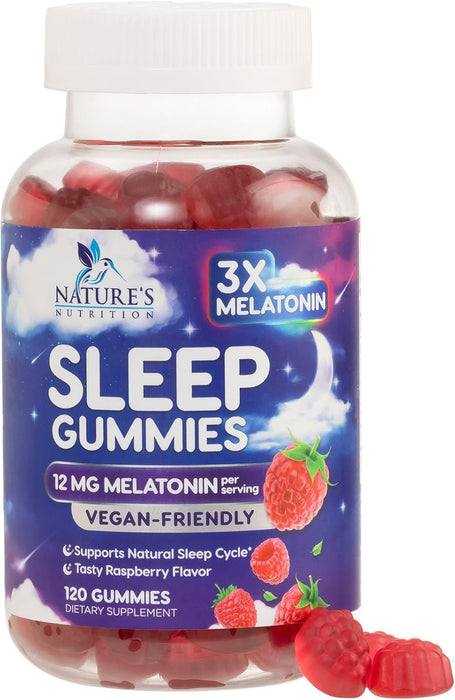 Melatonin Sleep Gummies - Extra Strength Sleep Gummy, 12 mg Melatonin, Natural Melatonin Gummy Sleeping Support Dietary Supplement for Adults, Vegan, Non-GMO, Natural Berry Flavor