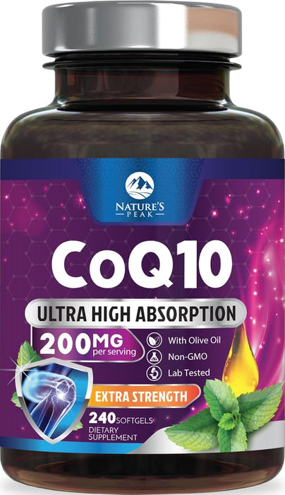 CoQ10 200mg - Ultra High Absorption Co Q 10 Softgel Supplement With Black Pepper, Energy & Heart Health Support Antioxidant - Coenzyme Q10 (Ubiquinone) for Women & Men, Bottled in USA - 240 Softgels