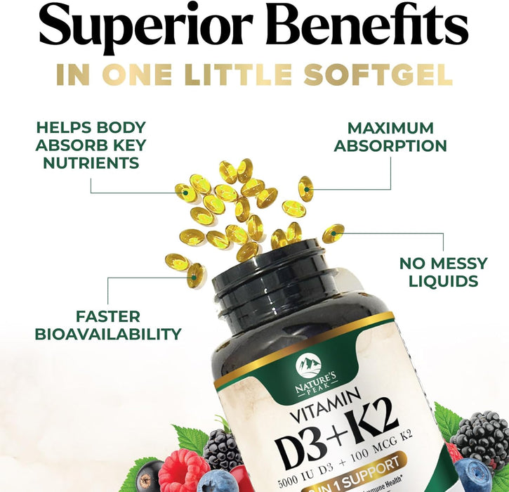 D3 K2 Vitamin 5000 IU | 2-in-1 Vitamin D 5000iu & Mk7 Vitamin K 100 mcg Dietary Supplement for Bone & Immune Support, Bottled in USA, Easy to Swallow, Gluten Free, Non-GMO I 120 D3K2 Complex Softgels