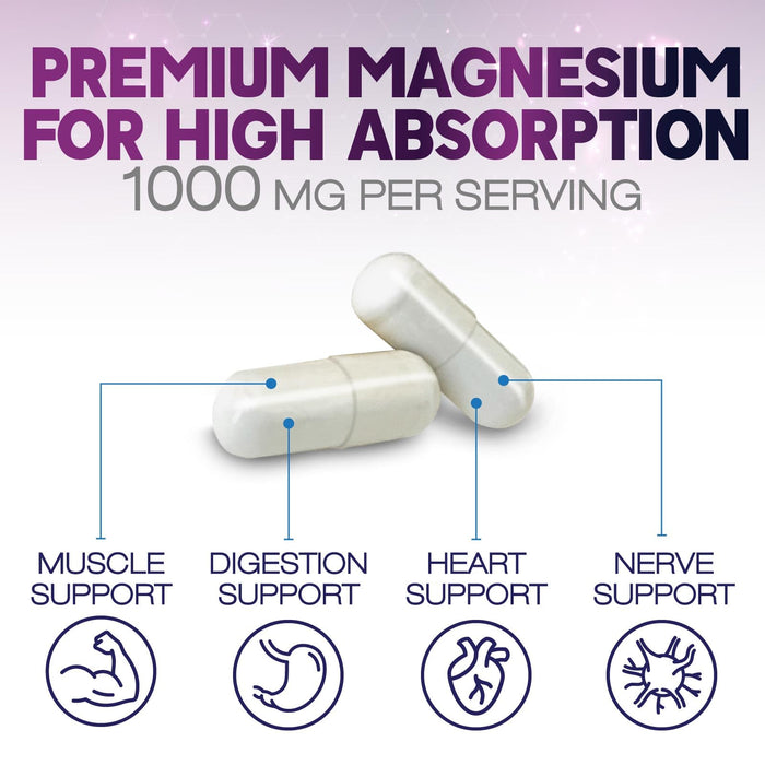 Magnesium Citrate Capsules 1000mg - Max Absorption Magnesium Powder for Muscle, Nerve, Bone and Heart Health Support, High Absorption Citrate Complex, Gluten Free, Non-GMO - 180 Capsules
