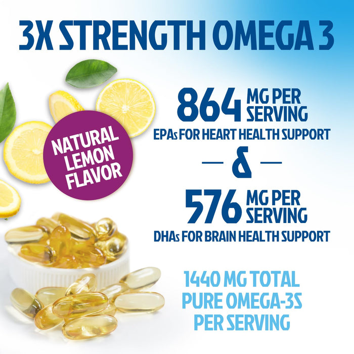 Omega 3 Fish Oil 2400 mg - Triple Strength Omega3, EPA & DHA Fatty Acids Supplement - Natural Support for Immune, Heart & Brain Health - Wild Caught, Non-GMO, Lemon Flavor, Burpless - 240 Softgels
