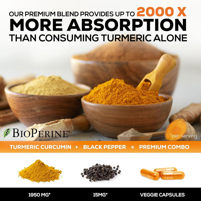 Turmeric Curcumin with BioPerine 1950mg, 95% Standardized Curcuminoids - Black Pepper for Max Absorption, Herbal Joint Support, Nature's Tumeric Extract Supplement Non-GMO
