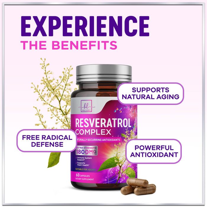 Resveratrol Supplement 1800mg - Trans-Resveratrol Antioxidant Complex - 60 Vegan Capsules
