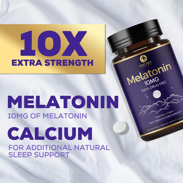 Melatonin 10mg, Strawberry-Flavored Fast Dissolve Tablets for Natural Sleep Support, Maximum Strength Melatonin Dietary Sleep Supplement for Adults, Sugar Free, Vegetarian, Non-GMO