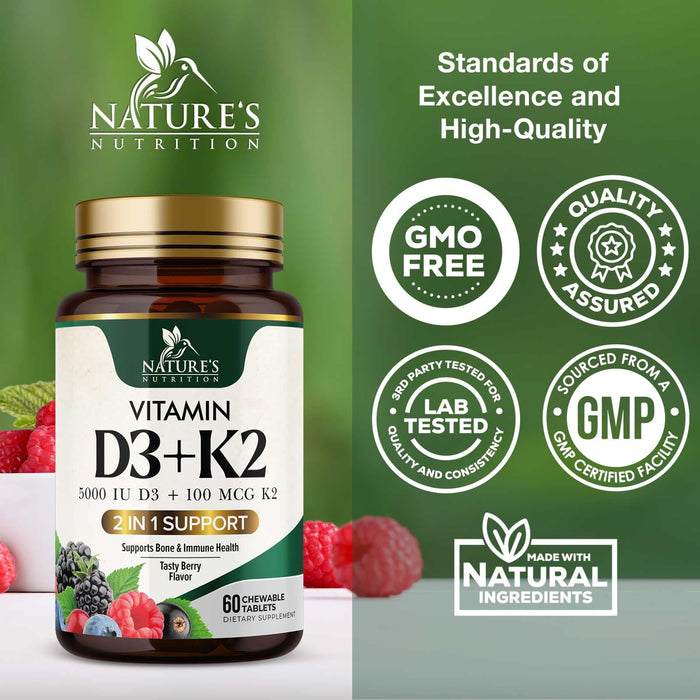 Vitamin D3 K2 | 5000 IU D3 + K2 100 mcg | MK-7 K2 with Vitamin D | Supports Immune – 60 Tablets