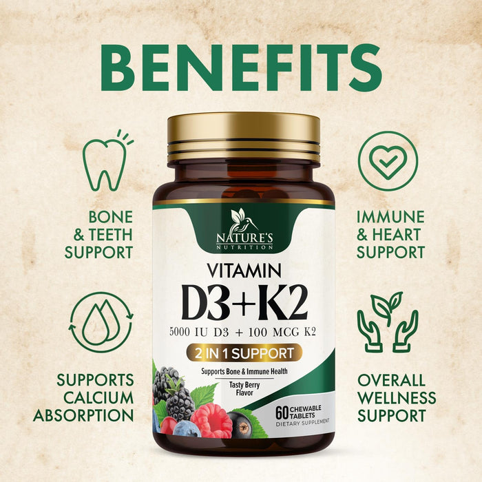 Vitamin D3 K2 | 5000 IU D3 + K2 100 mcg | MK-7 K2 with Vitamin D | Supports Immune – 60 Tablets