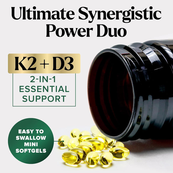 D3 K2 Vitamin 5000 IU | 2-in-1 Vitamin D 5000iu & Mk7 Vitamin K 100 mcg Dietary Supplement for Bone & Immune Support, Bottled in USA, Easy to Swallow, Gluten Free, Non-GMO I 120 D3K2 Complex Softgels