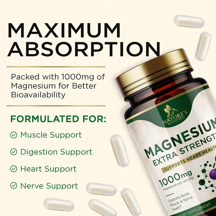 Magnesium Extra Strength 1000mg - Chelated for Max Absorption, Magnesium Capsules for Bone, Muscle & Heart Health Support