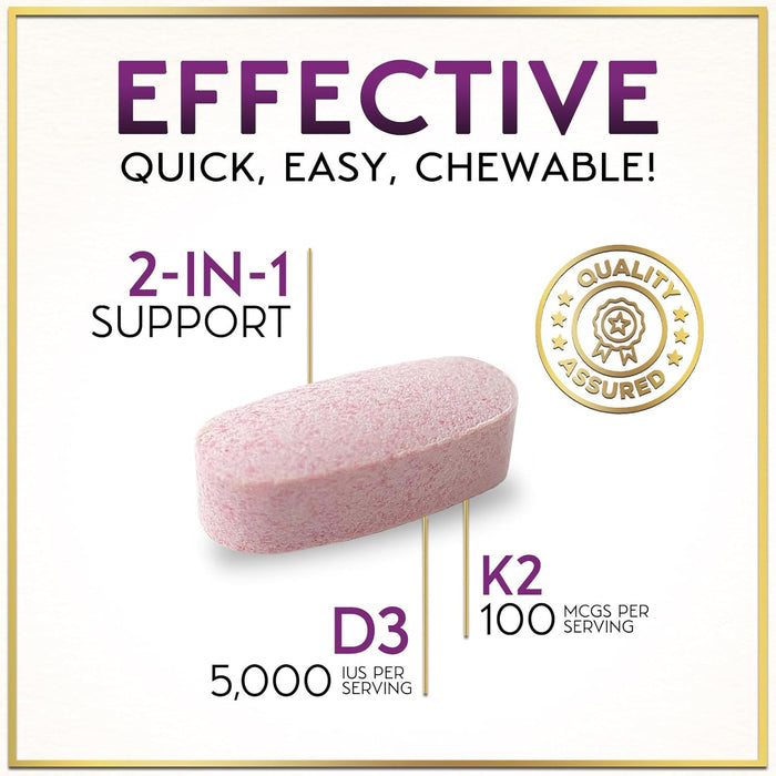 Vitamin D3 K2 - 5000 iu Vitamin D3 Per Serving Vitamin K2 (MK-7) Complex for Immune Support - Natural Bone, Teeth & Muscle Health Support - Berry Chewable, Gluten Free, Bottled in USA - 120 Tablets