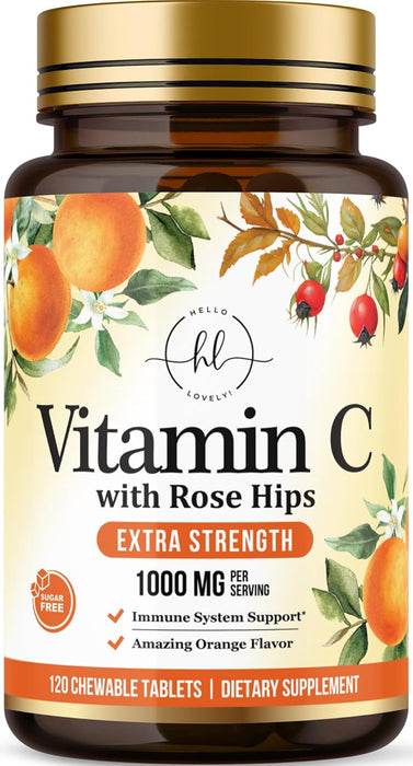 Hello Lovely! Extra Strength Vitamin C 1000 mg, with Rose HIPS Bioflavonoids, Dietary Supplement for Immune Support & Antioxidant Protection, Sugar Free, Non-GMO VIT C Capsules