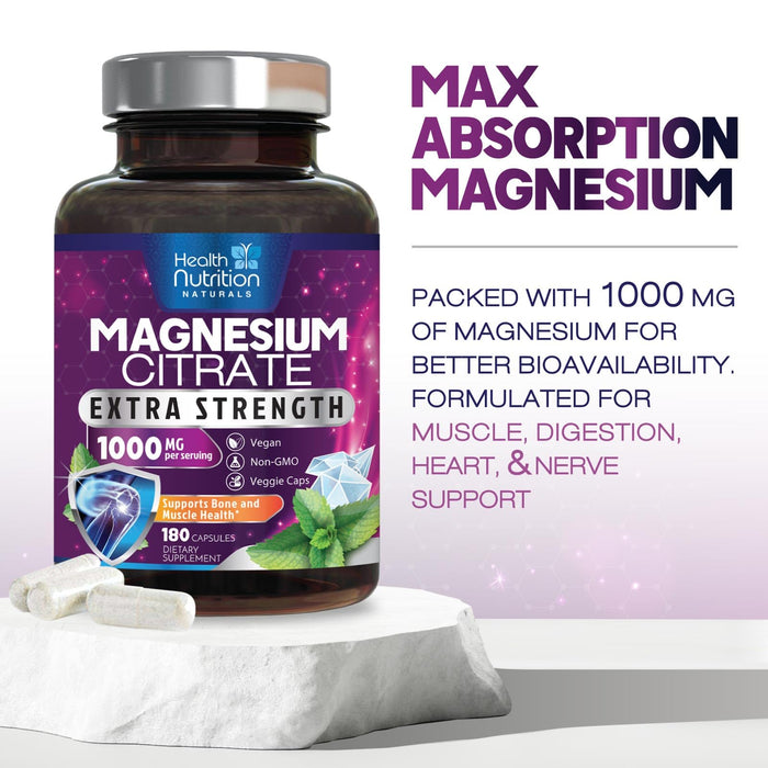 Magnesium Citrate Capsules 1000mg - Max Absorption Magnesium Powder for Muscle, Nerve, Bone and Heart Health Support, High Absorption Citrate Complex, Gluten Free, Non-GMO - 180 Capsules
