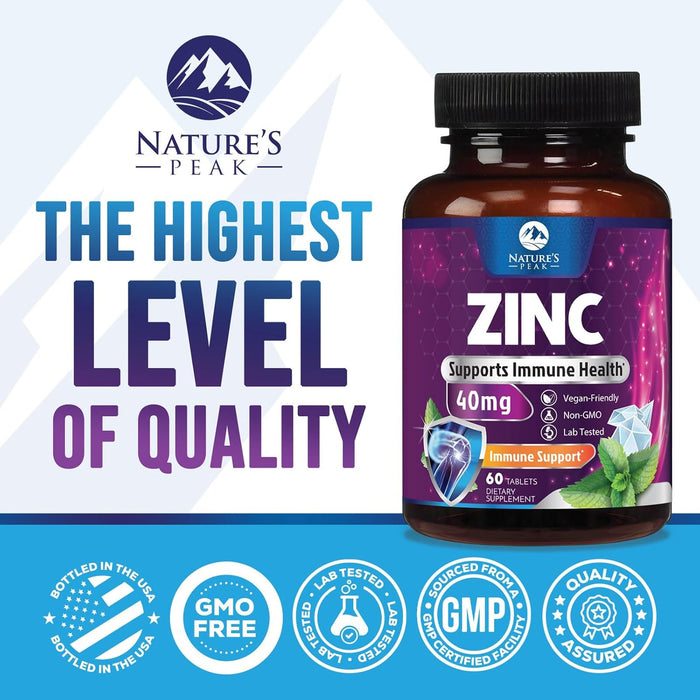 Zinc Supplement 40mg - Immune Support for Women & Men - High Potency Antioxidant, Chelated for Superior Absorption, Dietary Supplement Vitamin for Immune Health Support
