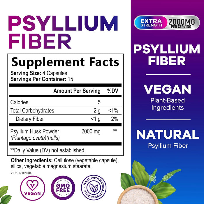 Psyllium Fiber Supplement 1500mg - Non-GMO, Natural Soluble Fiber for Daily Digestive Health & Regularity Support, Prebiotic Psyllium Husk Powder Caps with Plant Based Fiber, Sugar Free