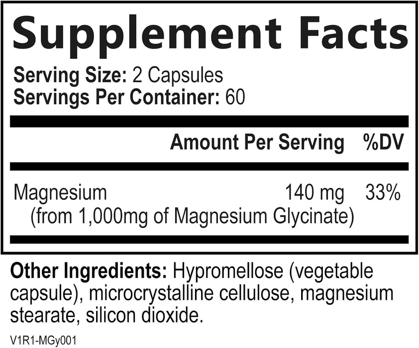 Magnesium Supplement for Women & Men - 140mg Total Magnesium from 1000mg Magnesium Glycinate to Support Muscle, Nerve, Bone & Heart Health - Natural, Vegan, High Absorption & Chelated