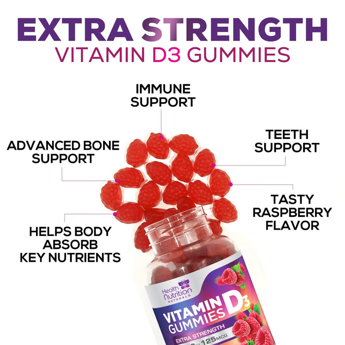 Vitamin D3 Gummies 5000 IU (125 mcg) - Extra Strength Immune Support, Bone, Teeth and Muscle Vitamin D Gummy Dietary Supplement, Nature's Berry D Vitamin Supplement, Raspberry, Non-GMO - 60 Gummies