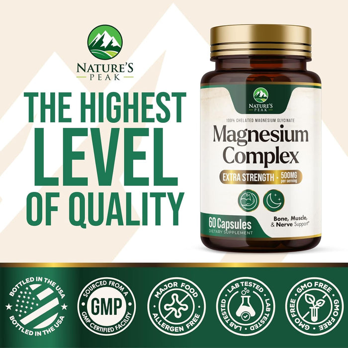 Magnesium Complex 500mg Supplement - Best Blend of Glycinate, Citrate, Malate & Oxide, Supports Sleep, Muscle, Bone & Heart Health, High Absorption, Chelated Magnesium Mineral Supplement, 60 Capsules