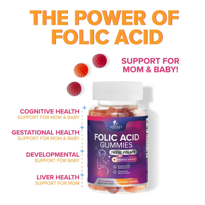 Folic Acid Gummies for Women 785 mcg, Essential Prenatal Vitamins for Mom & Baby, Vegan Folic Supplement Gummy, Daily Vitamin B9 Extra Strength Folate, Before During After Pregnancy - 60 Gummies