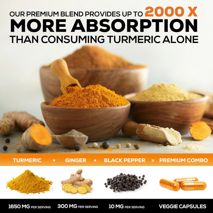 Turmeric Curcumin with BioPerine & Ginger 95% Standardized Curcuminoids 1950mg Black Pepper for Max Absorption Joint Support, Nature's Tumeric Herbal Extract Supplement, Vegan, Non-GMO