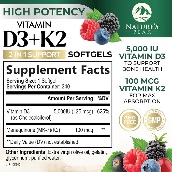 D3 K2 Vitamin 5000 IU | 2-in-1 Vitamin D 5000iu & Mk7 Vitamin K 100 mcg Dietary Supplement for Bone & Immune Support, Bottled in USA, Easy to Swallow, Gluten Free, Non-GMO I 240 D3K2 Complex Softgels