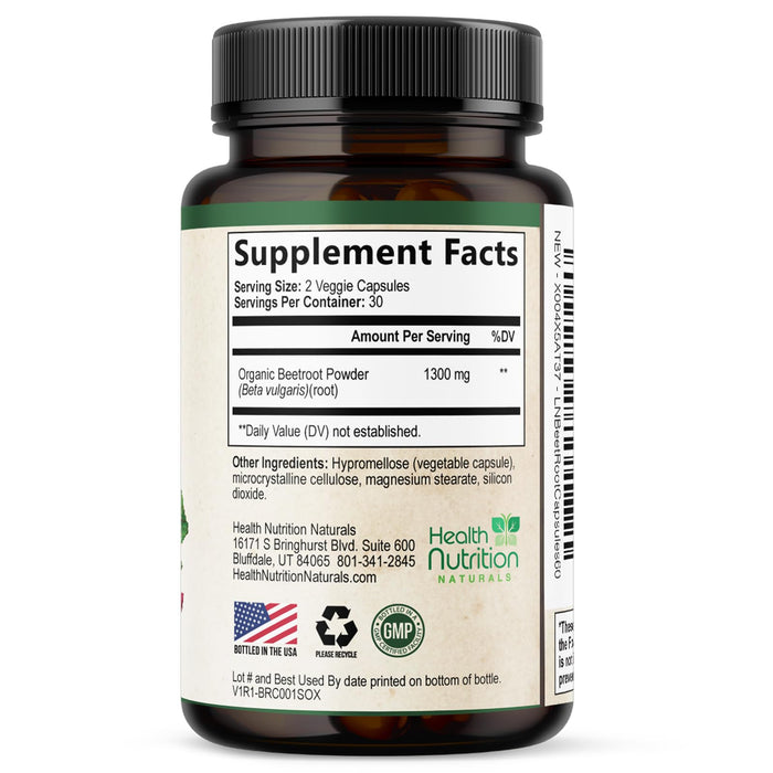 Beet Root Capsules 1300mg - Organic Red Beetroot Powder - 60 Vegan Capsules