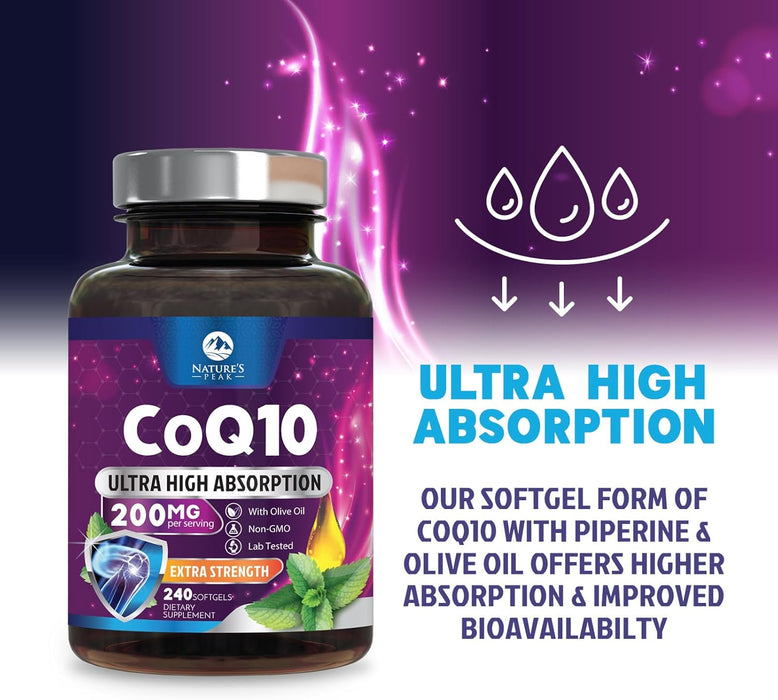 CoQ10 200mg - Ultra High Absorption Co Q 10 Softgel Supplement With Black Pepper, Energy & Heart Health Support Antioxidant - Coenzyme Q10 (Ubiquinone) for Women & Men, Bottled in USA - 240 Softgels