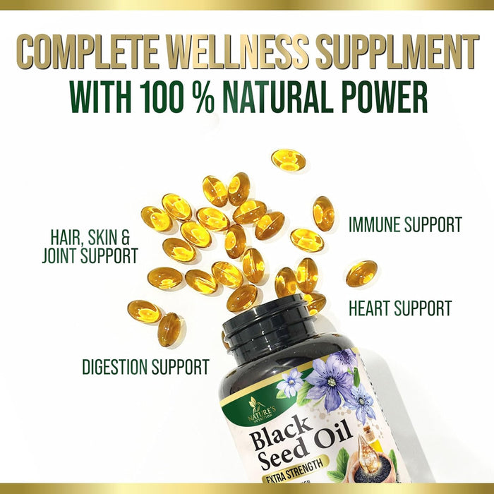 Premium Black Seed Oil Capsules Vegan Cold-Pressed 1000mg - Extra Strength Nigella Sativa Black Seed Oil, Nature's Pure Black Cumin Seed Oil for Immune, Hair and Brain Support, Non-GMO