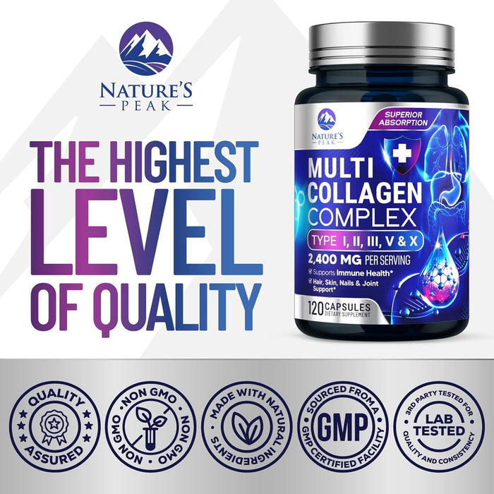 Collagen Peptides for Women & Men - Hydrolyzed Collagen Supplement for Hair, Nail, Skin, Bone and Joint Support, Type I, II, III, V, X, Grass Fed Collagen Powder Pills, Non-GMO