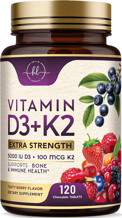 Vitamin D3 K2 - 5000 iu Vitamin D3 Per Serving Vitamin K2 (MK-7) Complex for Immune Support - Natural Bone, Teeth & Muscle Health Support - Berry Chewable, Gluten Free, Bottled in USA - 120 Tablets