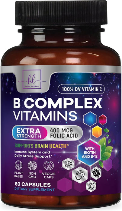 B Complex Vitamin Supplement 1000mcg - 3X Strength with Vitamin C & Folic Acid - Super B12 Complex Vitamins for Energy, Supports Hair Growth, Immune Support for Women & Men, USA Bottled, 60 Capsules