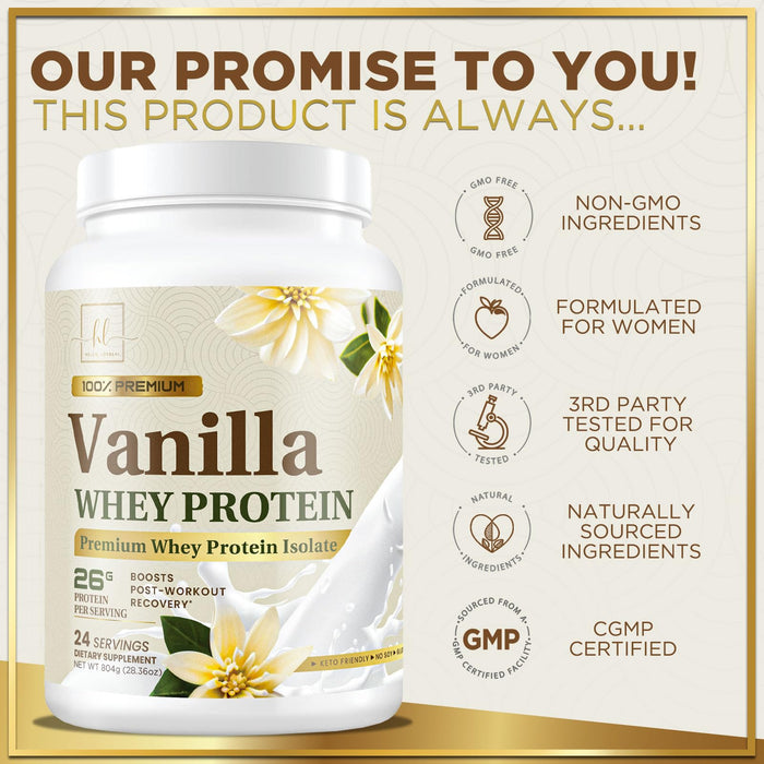 100% Whey Protein Powder, Creamy Vanilla Whey Isolate 26g Protein & BCAAs - Support Muscle Growth, Recovery & Fitness - Gluten Free, Fast Absorbing, Easy Digesting - Women & Men - 24 Servings
