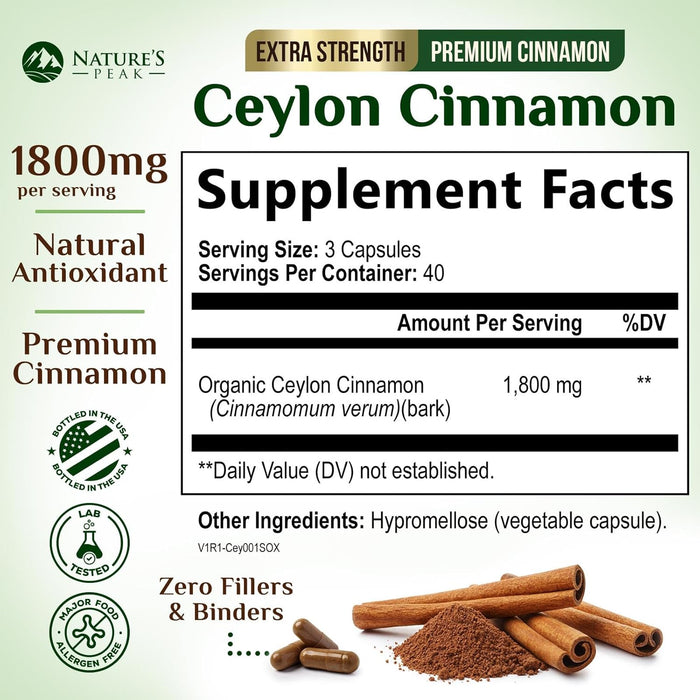 Organic Ceylon Cinnamon Capsules 1800mg - 3X Strength, Certified Organic Ceylon Cinnamon Powder Supplement - Metabolism Support, Antioxidant Pills, Gluten Free, Non-GMO, Bottled in USA - 120 Capsules