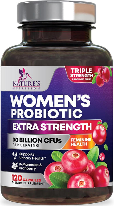 Nature's Nutrition Formulated Probiotics for Women with Prebiotics - Womens Probiotic for Digestive, Vaginal, Urinary Support, 90 Billion CFU & 16 Diverse Strains, Cranberry & D-Mannose