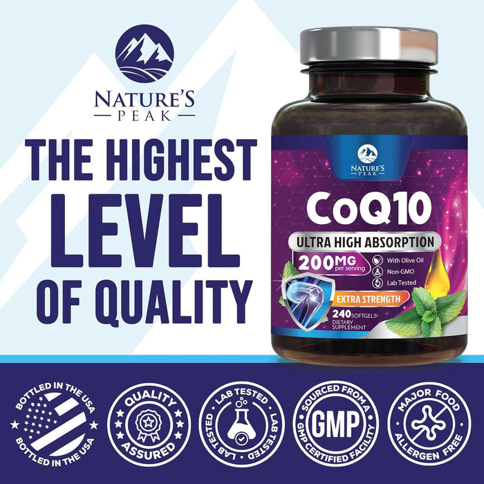 CoQ10 200mg - Ultra High Absorption Co Q 10 Softgel Supplement With Black Pepper, Energy & Heart Health Support Antioxidant - Coenzyme Q10 (Ubiquinone) for Women & Men, Bottled in USA - 240 Softgels