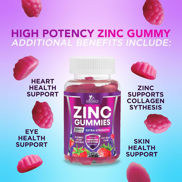 Zinc Gummies - 50mg - Extra Strength Immune Health Support Gummy & Antioxidant Supplement, Dietary Supplement Zinc Vitamin, Vegan, Non-GMO and Gluten Free Formula, Berry Flavor