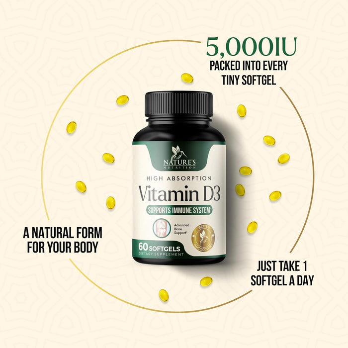 Vitamin D3 Supplement 5000IU (125 mcg) - Extra Strength Vitamins D-3 Dietary Softgels for Bone, Teeth, Muscle Health & Immune Support, Rapid Absorbtion Mini D Softgel, Non-GMO, Gluten Free - 60 Count