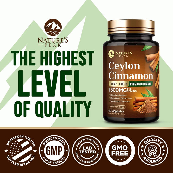 Organic Ceylon Cinnamon Capsules 1800mg - 3X Strength, Certified Organic Ceylon Cinnamon Powder Supplement - Metabolism Support, Antioxidant Pills, Gluten Free, Non-GMO, Bottled in USA - 60 Capsules