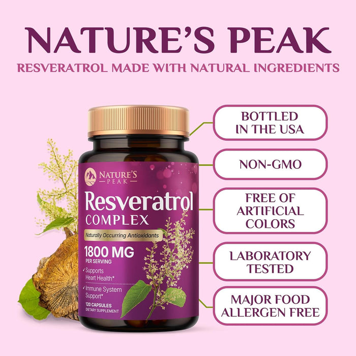 100% Natural Resveratrol 1800mg - 3X Strength Trans-Resveratrol Pills for Heart Health, Best Resveratrol Supplements, Potent Polyphenols Antioxidant Complex, Non-GMO, Bottled in USA - 120 Capsules