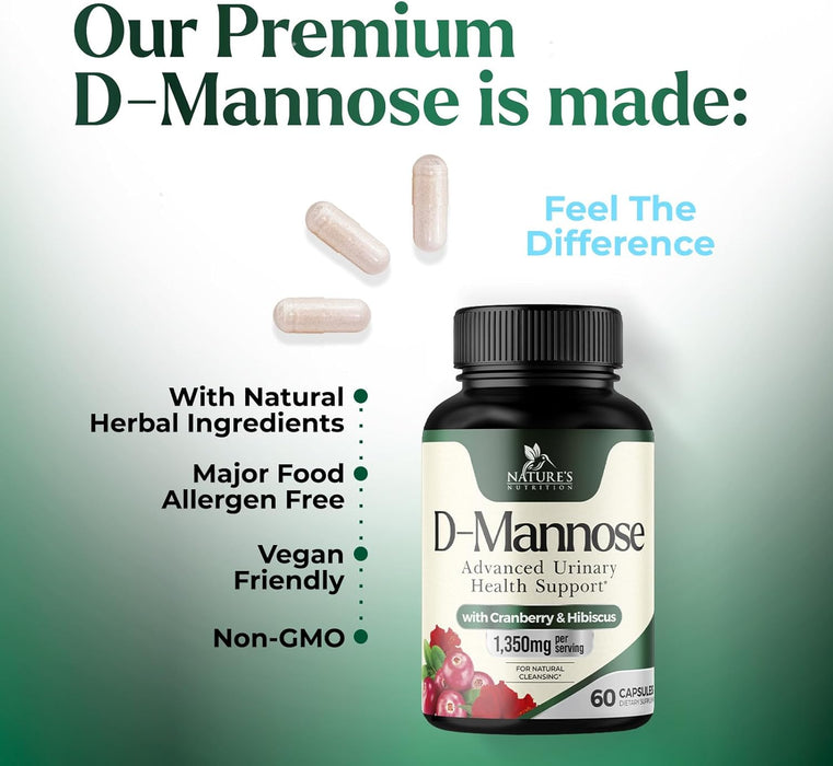D-Mannose & Cranberry Extract 1350mg Advanced Formula, Fast-Acting Natural Urinary Tract Health Support for Women & Men, Flush Impurities in Urinary Tract & Bladder, Non-GMO, Vegan
