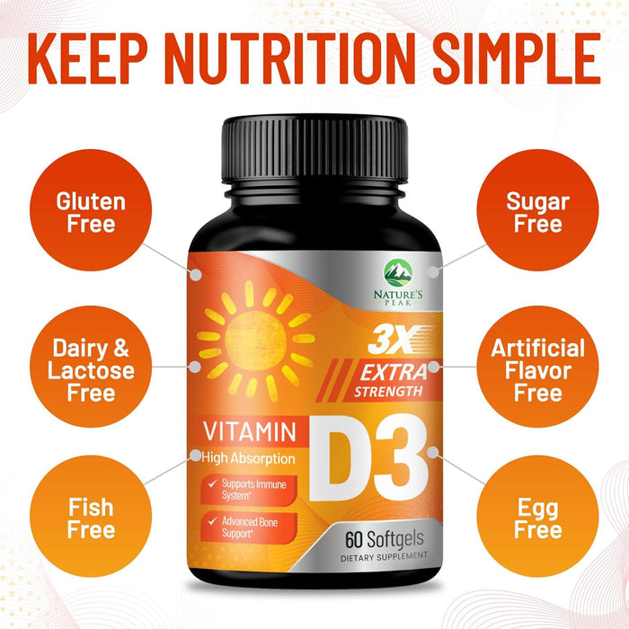 D Vitamin 5000 IU Vitamin D3 Softgels - High Potency D3 Vitamin for Bone Health, Muscle, & Immune Support - Extra Strength 125 mcg - Natures Non-GMO 5000iu D3 Supplement - 60 Softgels, 60 Day Supply