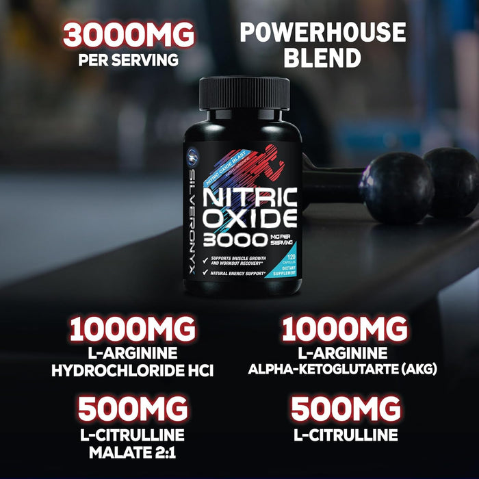Extra Strength Nitric Oxide Supplement 3X Strength L Arginine, Citrulline Malate, AAKG, Beta Alanine - Premium Muscle Supporting Nitric Booster - Natural Energy & Heart Health Support - 120 Capsules