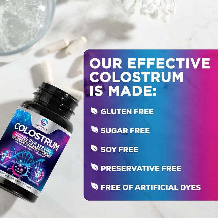 Colostrum Supplement 1000mg 20% Immunoglobulins for Gut Health, Immune Support, Muscle, Skin & Hair Growth, Bovine Colostrum Powder, Nature's Colostrum for Women & Men, Bottled in USA