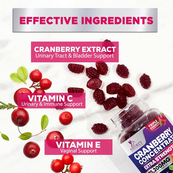 Nature's Nutrition Cranberry Urinary Tract Health Gummies + Vitamin C - 25,000mg - Triple Strength Cranberry Concentrate Extract Supplement Pills, Ultimate Potency, Non-GMO, Gluten Free